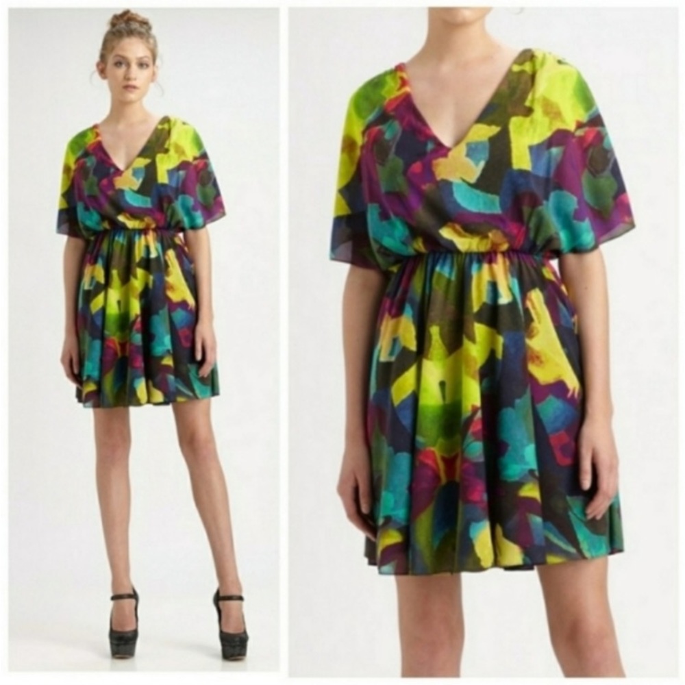 Alice + Olivia Silk Dress Flutter Sleeve Watercolor Abstract Print Silk Pretty